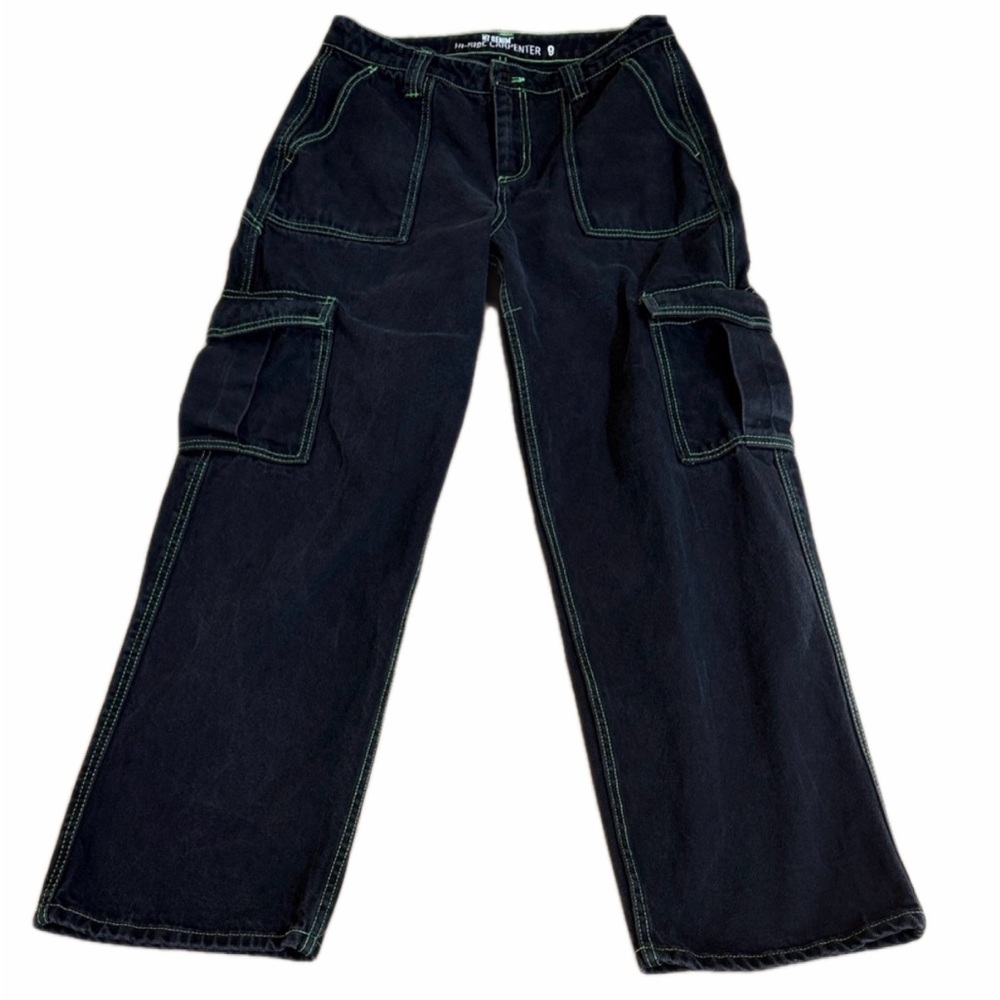 HT Denim Hi Rise Wide Leg Carpenter Black With Green Stitch Jeans size 9